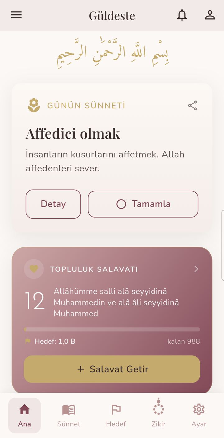 Ana ekran: günün sünneti kartı ve topluluk salavatı