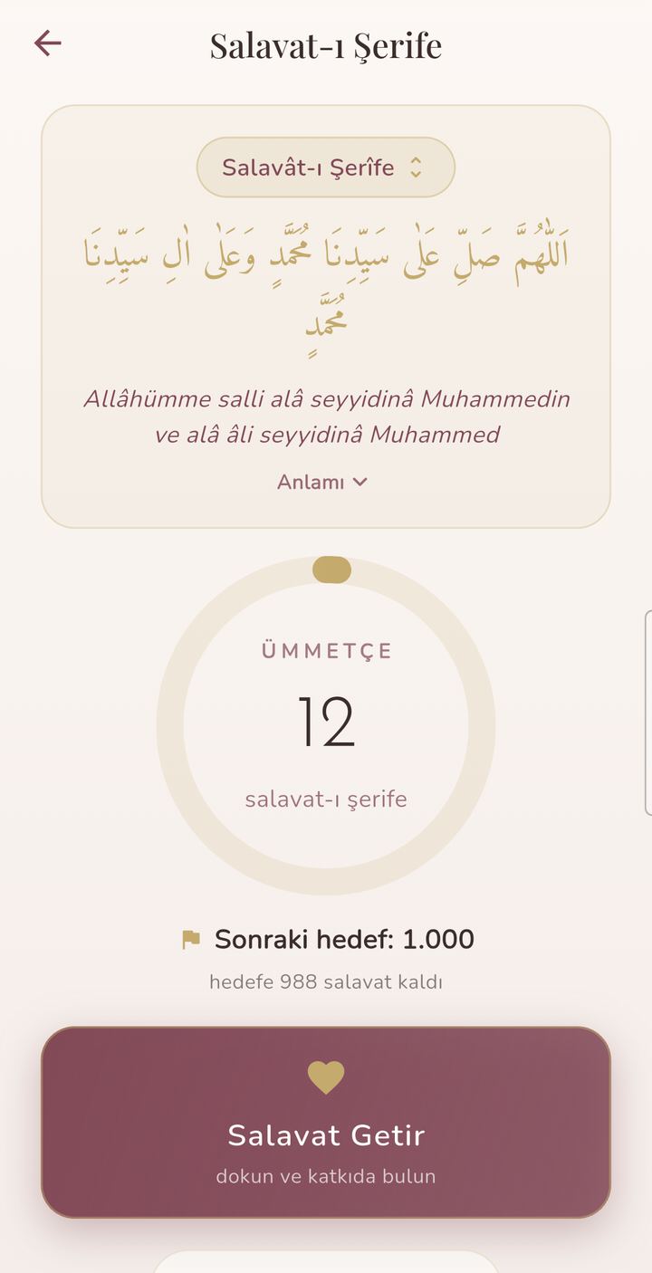 Salavat-ı Şerife ekranı: topluluk sayacı ve sonraki hedef