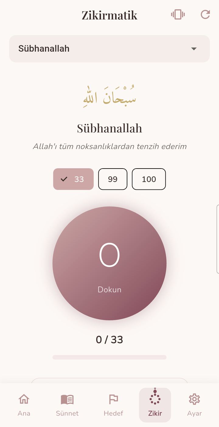 Zikirmatik ekranı: Sübhanallah zikri ve hedef seçimi